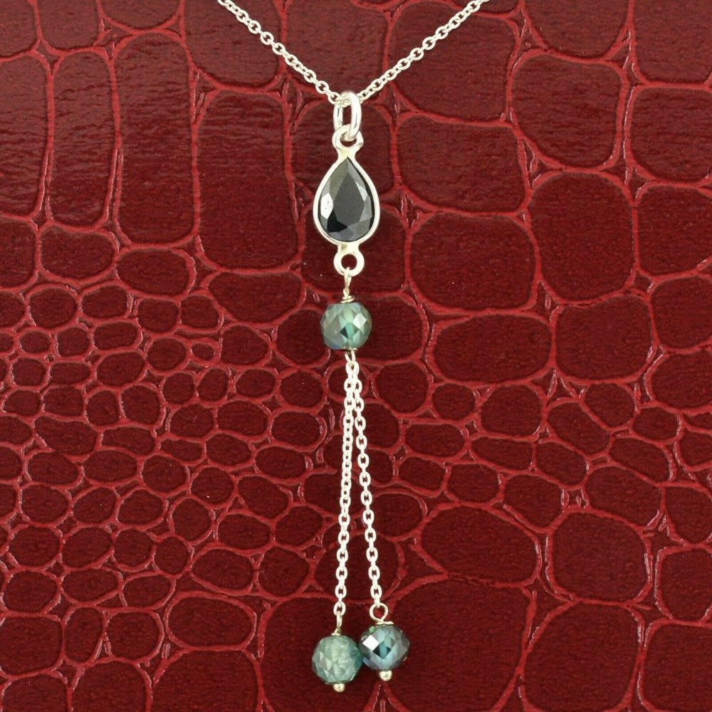 Sterling Silver Blue Diamond Beads Necklace With 1.15Ct Diamond Connector
